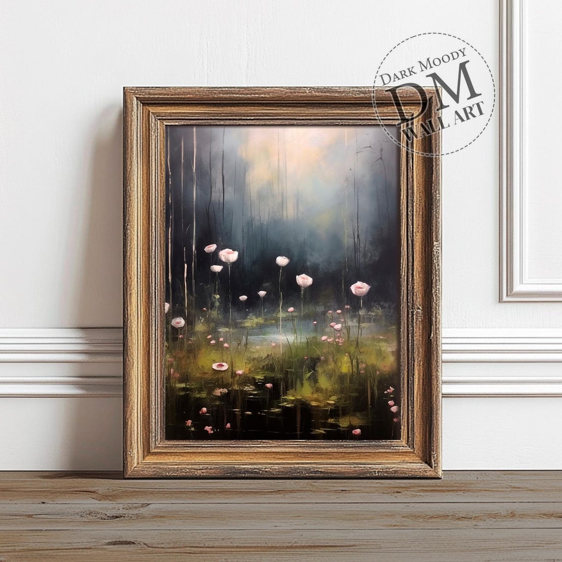 Lake Flowers Dark Moody Wall Art Wildflower Painting