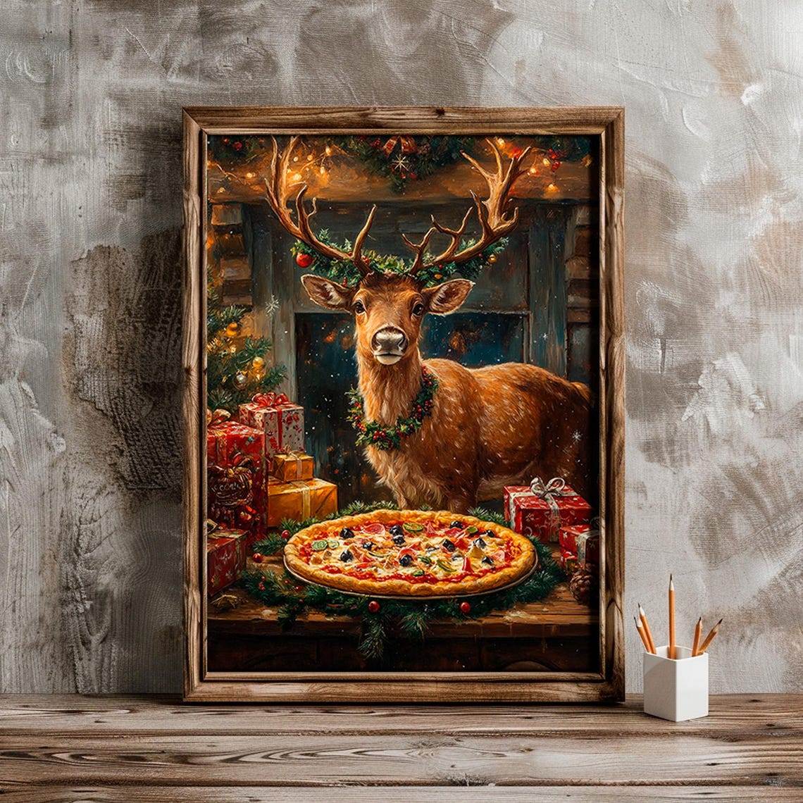 Festive Stag with Christmas Wreath and Pizza Whimsical Poster - Image 5