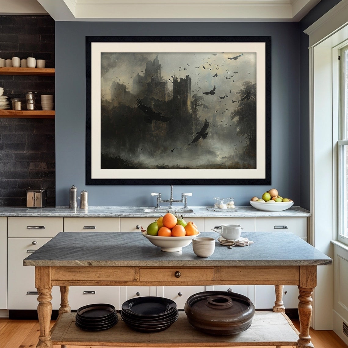 Dark Gothic Castle Ruins Circling Crows Under Stormy Sky Wall Art - Image 2