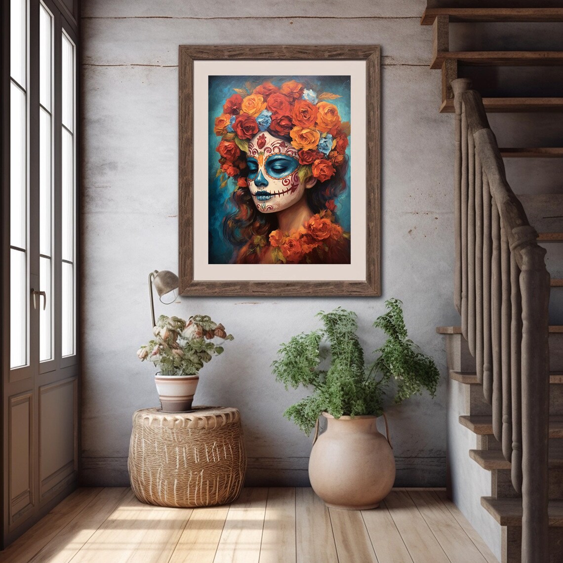 Catrina Marigold Crown Blue Background Day of Dead Art Poster - Image 2