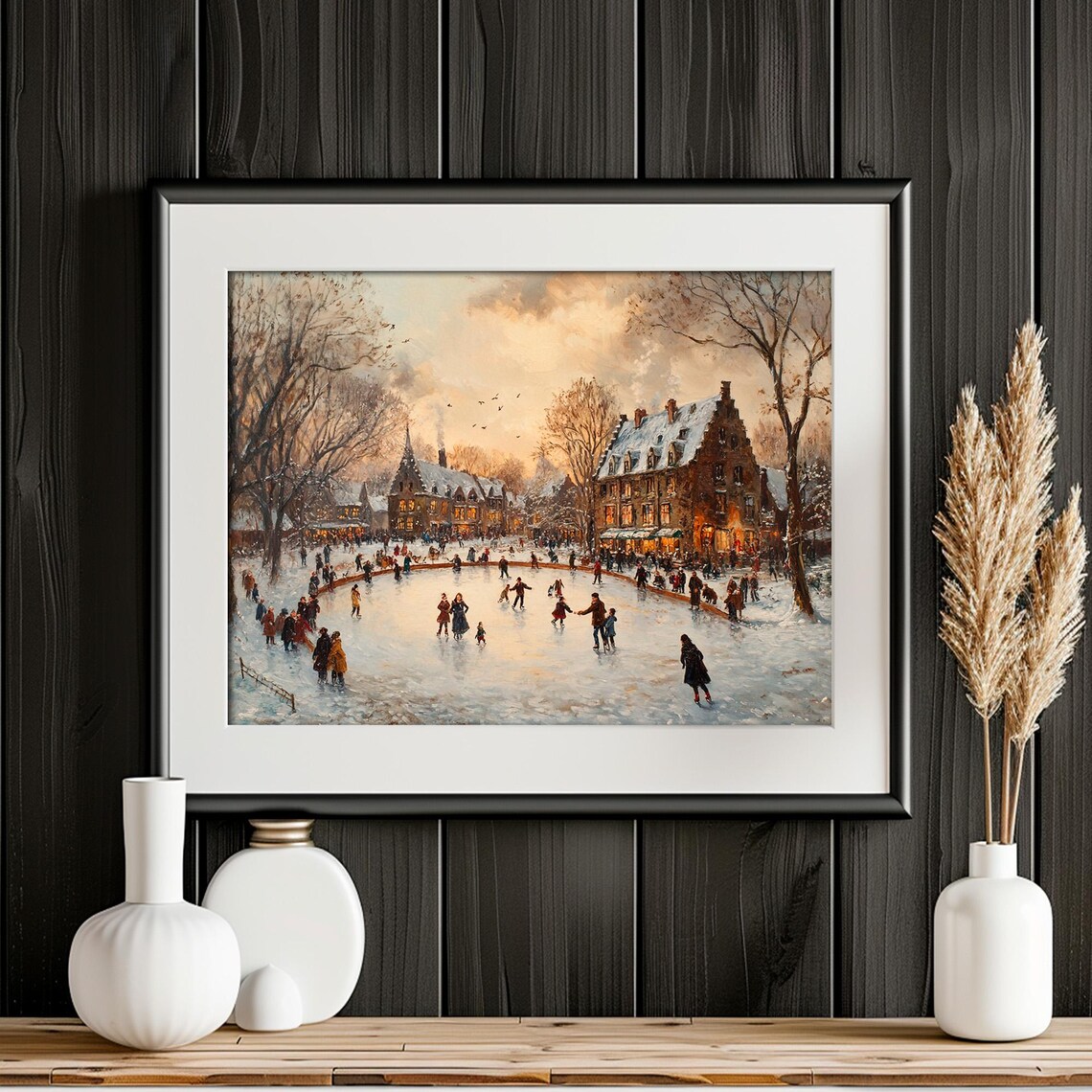 Victorian Ice Skating Village Scene Vintage Winter Painting Poster - Image 5
