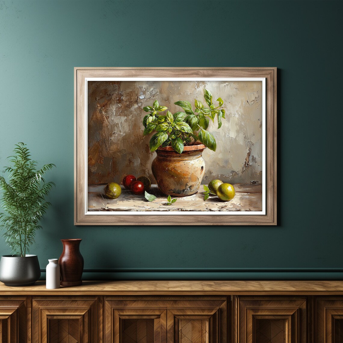 Moody Basil Still Life, Kitchen Decor Art Print - Image 2