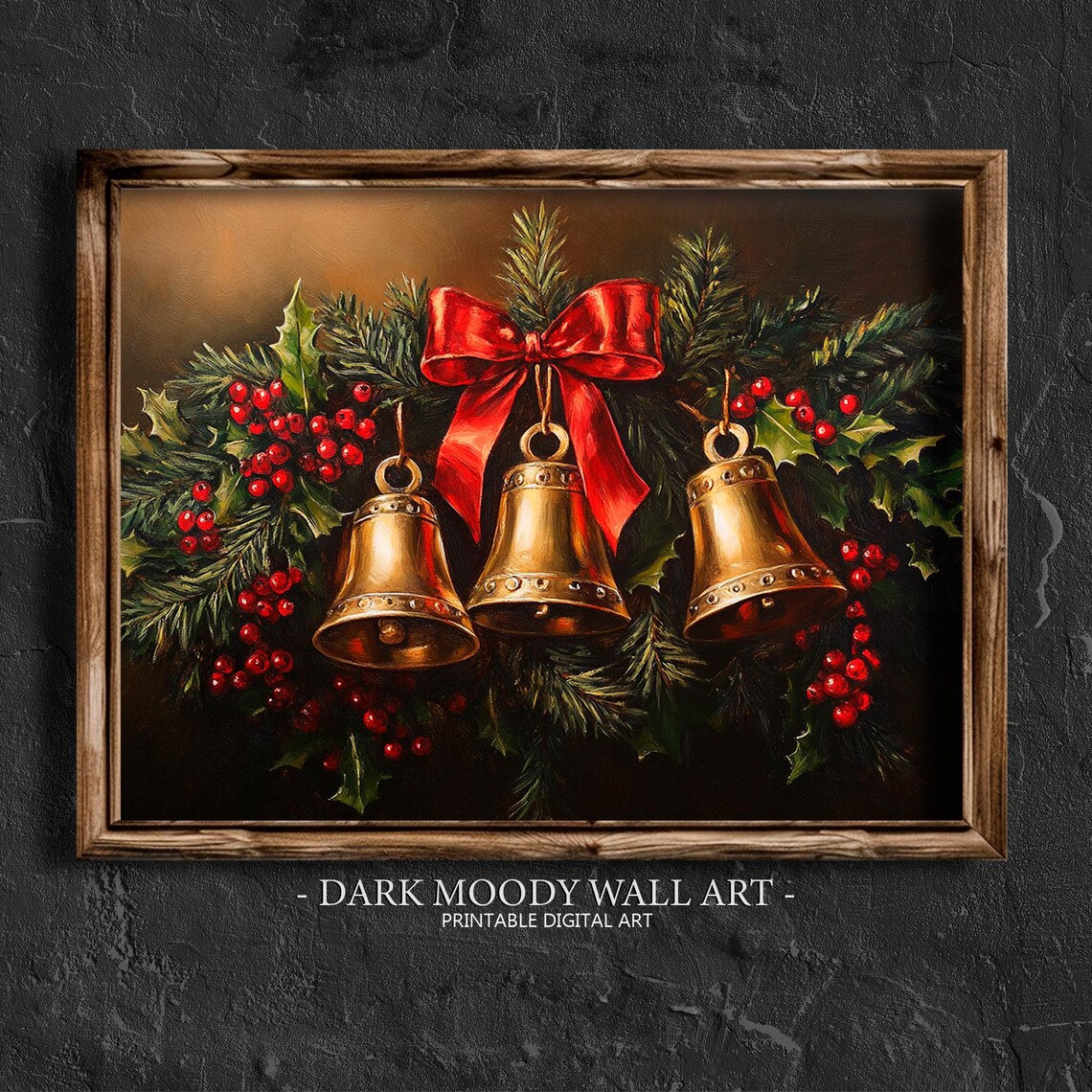 Golden Christmas Bells Red Bow Holly Berries Holiday Wall Art
