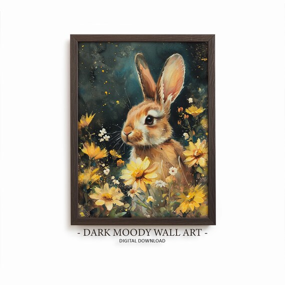 Rabbit in Yellow Blooms Dark Teal Night Watercolor Garden Poster