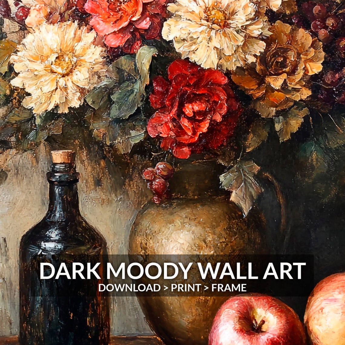 Dahlia Apple Rustic Still Life Dark Moody Kitchen Art Poster - Image 5