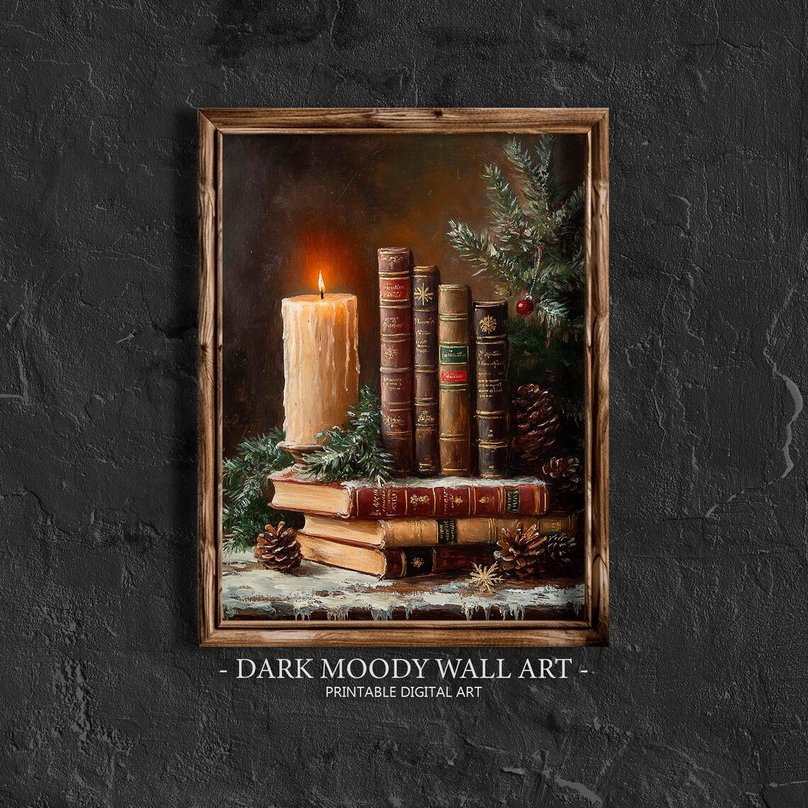 Christmas Book Stack With Candle, Vintage Art Print