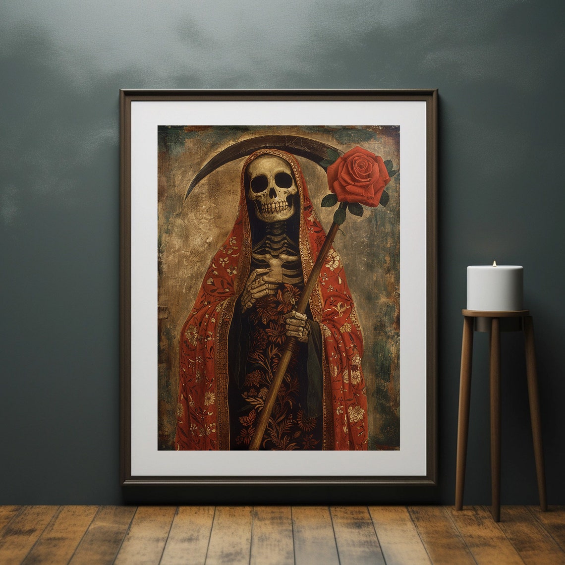 Santa Muerte Skeleton in an Embroidered Red Robe with Scythe Poster - Image 3