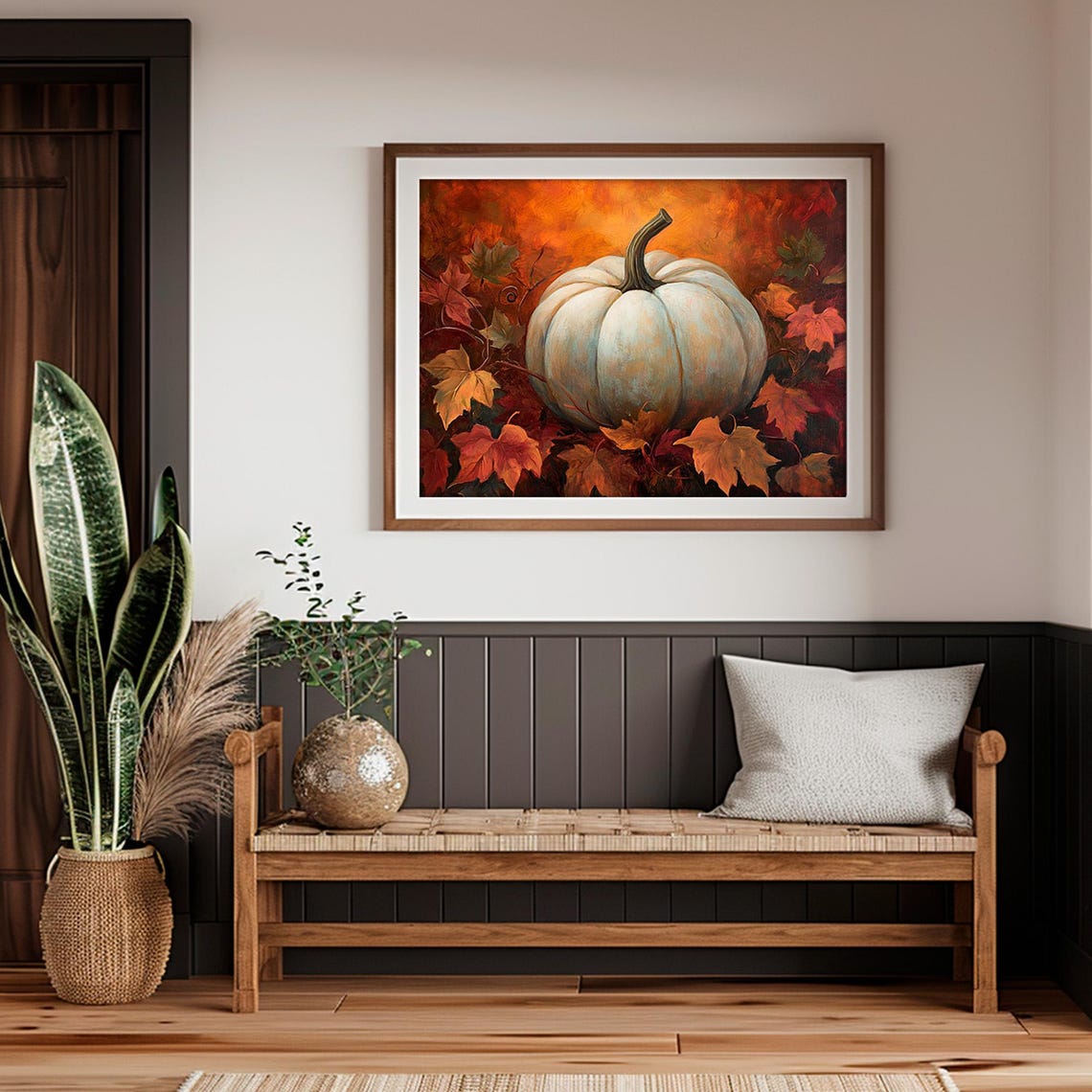 White Pumpkin Autumn Oil Painting Moody Fall Harvest Wall Art - Image 2