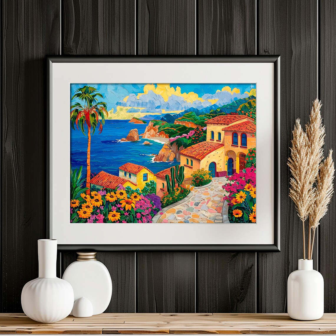 Mexican Coastal Village Palm Trees Terracotta Houses Beach Art Print - Image 2
