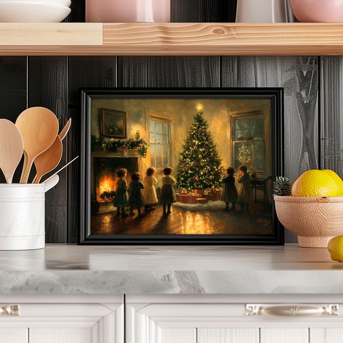 Children Around Glowing Christmas Tree Fireplace Dusk Poster - Image 4