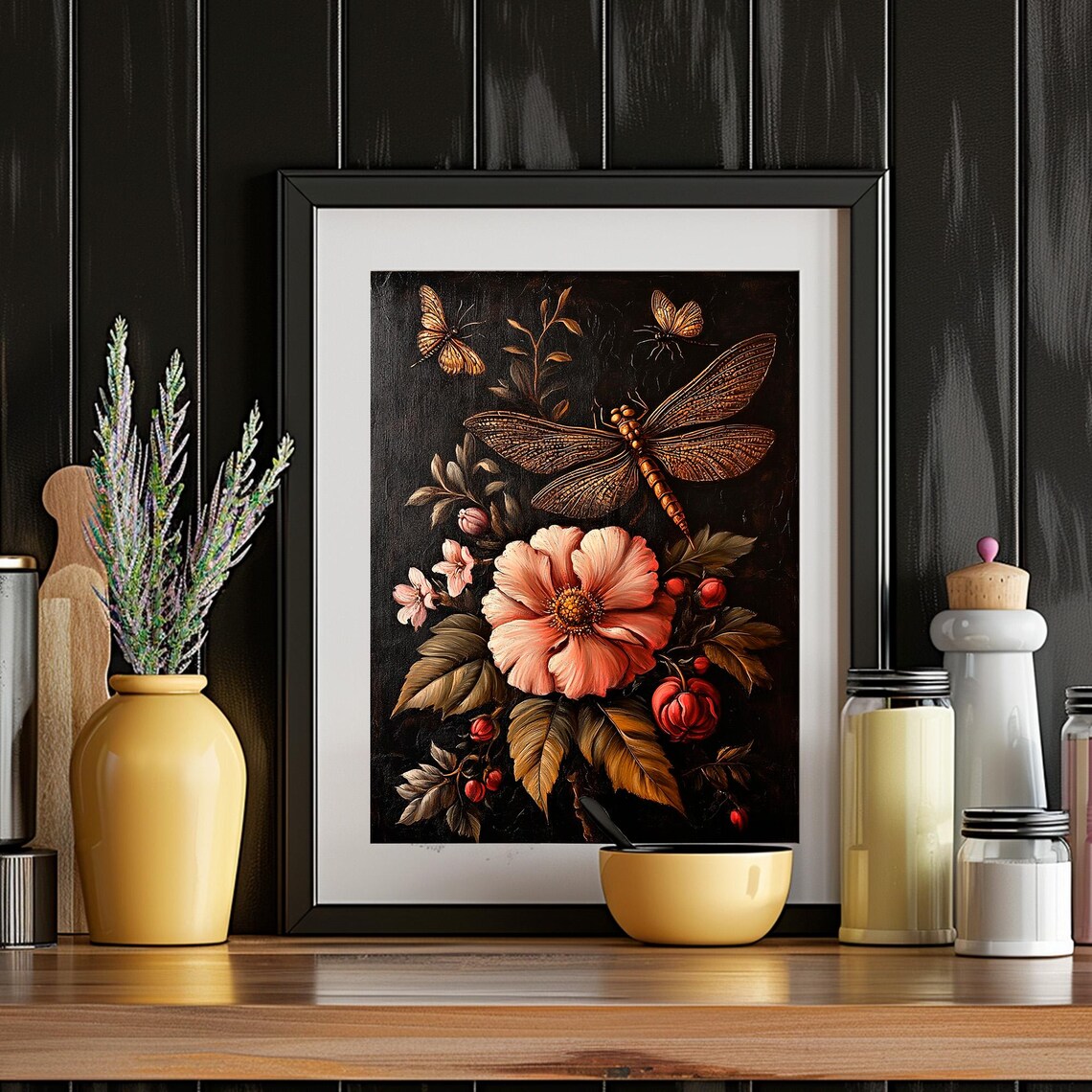Dragonfly Butterflies Pink Rose Dark Botanical Vintage Floral Painting Poster - Image 4