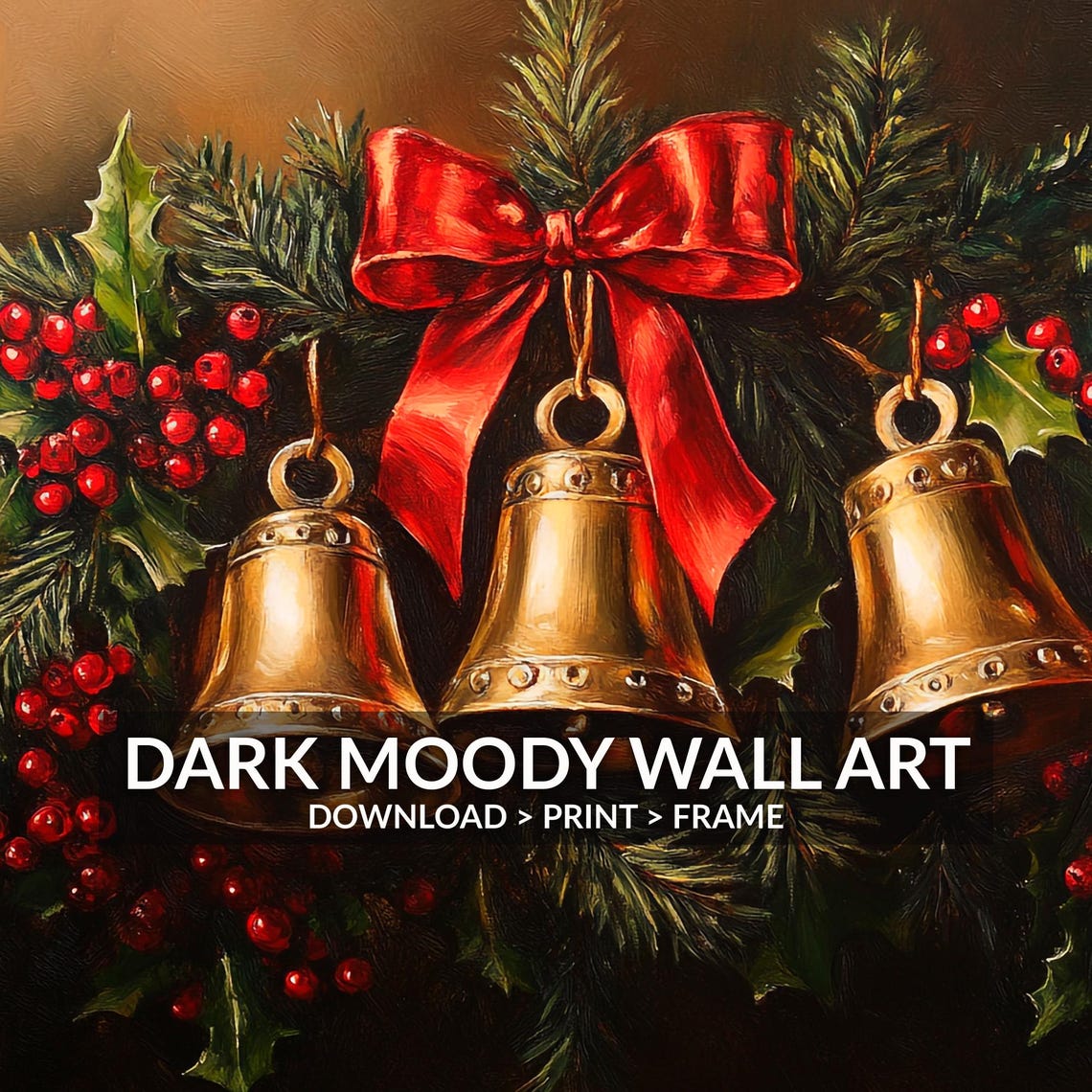Golden Christmas Bells Red Bow Holly Berries Holiday Wall Art - Image 6
