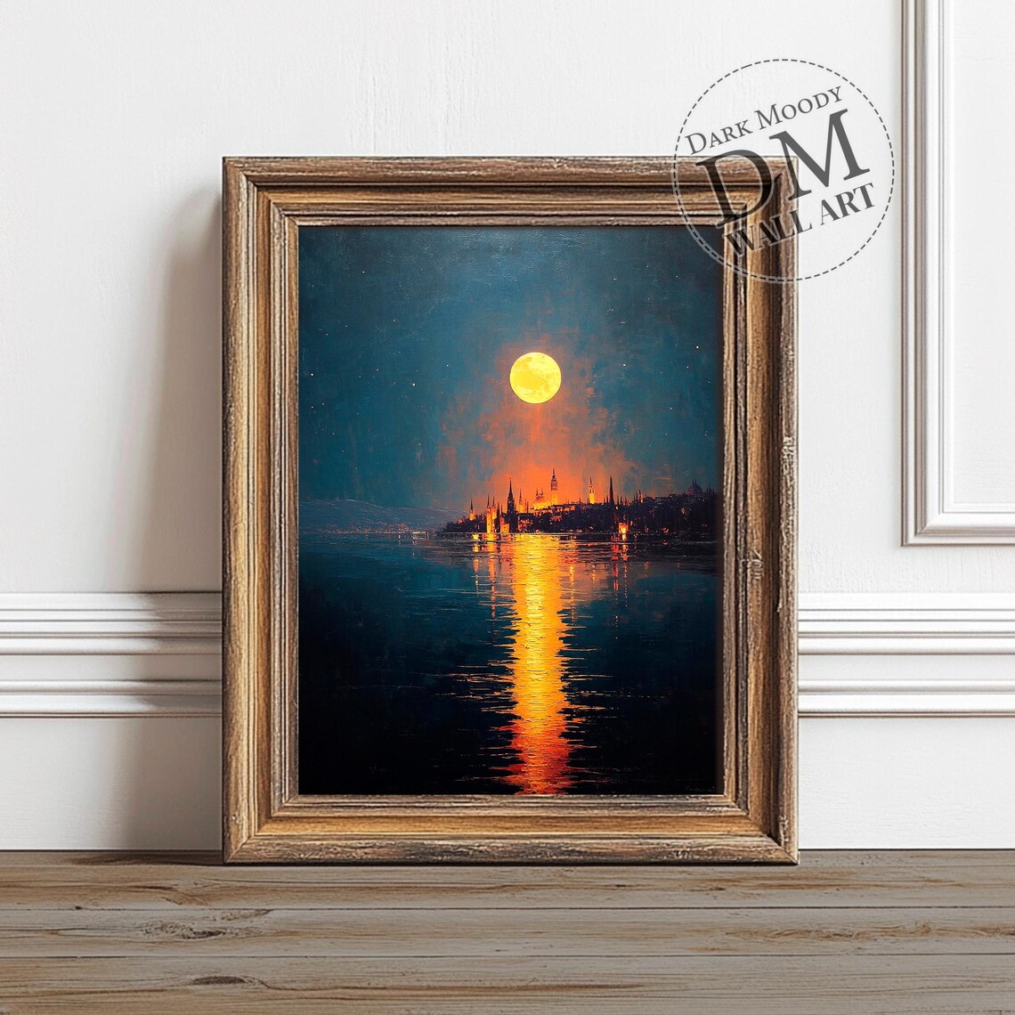 Haunted City Under Full Moon Wall Art Gothic Halloween Night Print