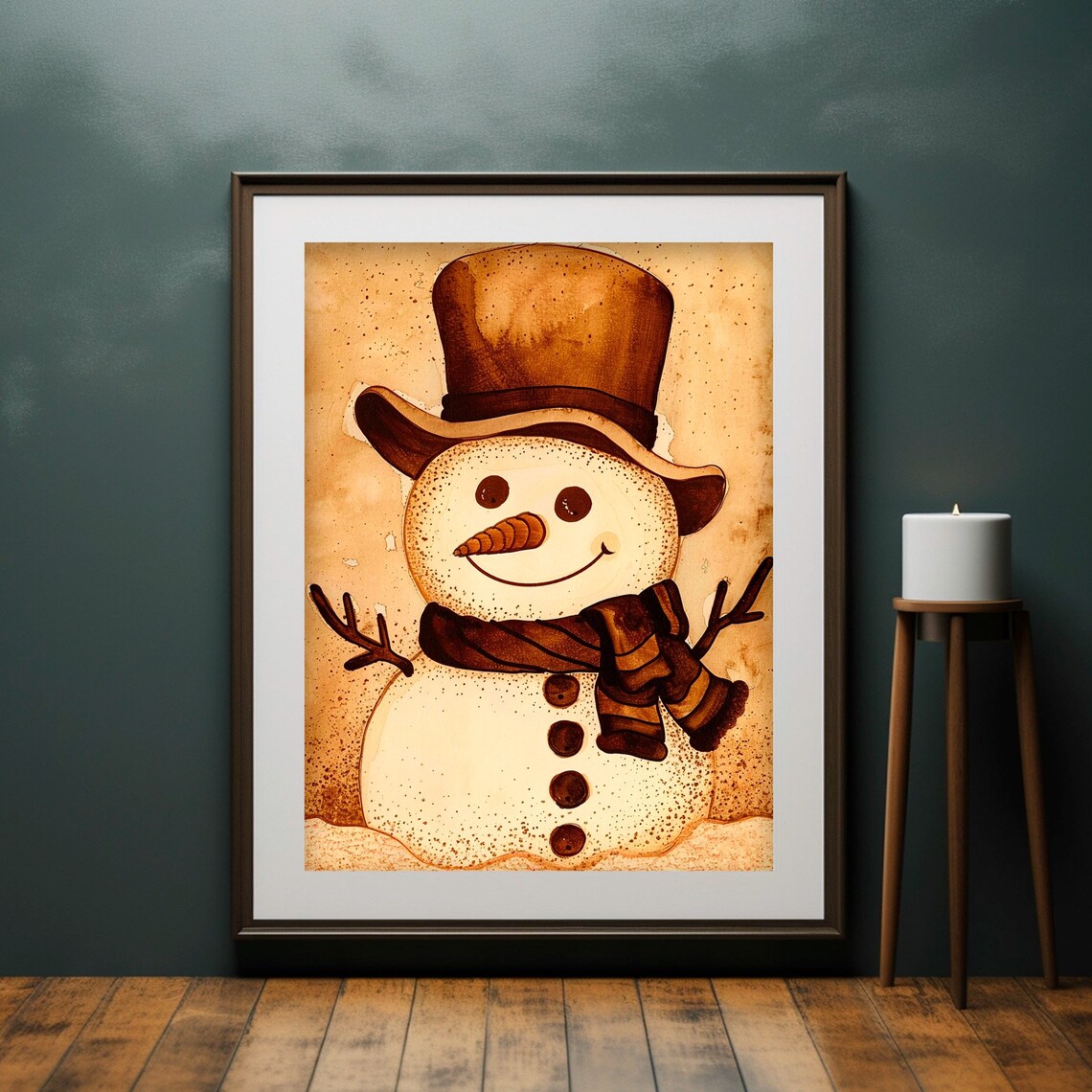 Snowman Top Hat Scarf Warm Sepia Vintage Christmas Painting Poster - Image 4