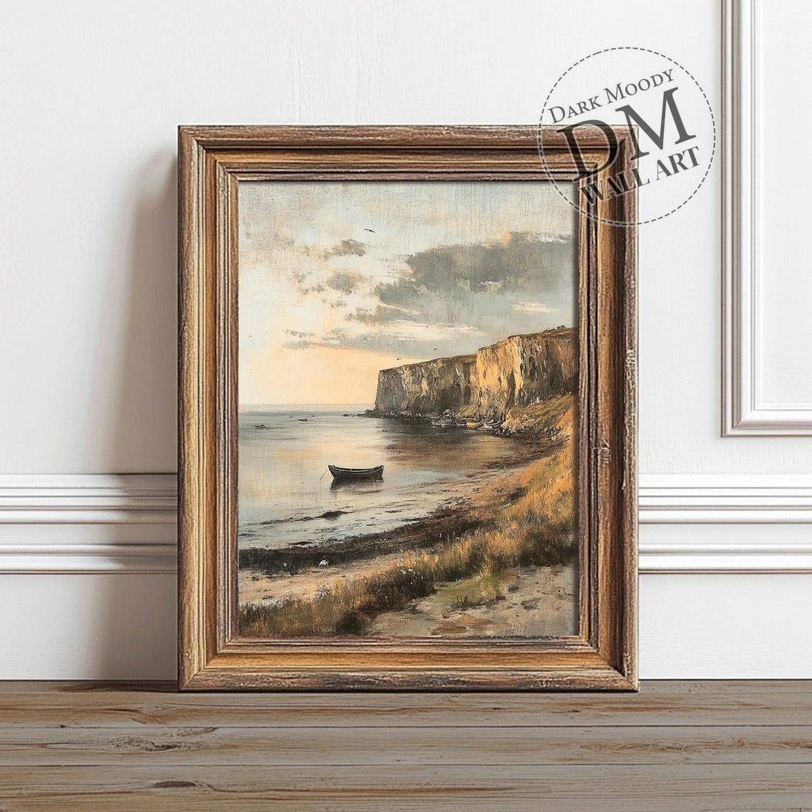 Coastal Cliffs Rowboat Sunset Seaside Golden Landscape Poster