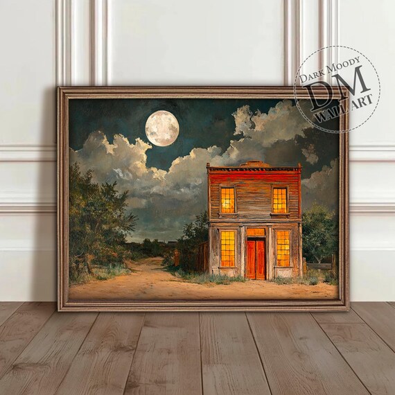 Western Saloon Wall Art Moody Full Moon Night Rustic Building