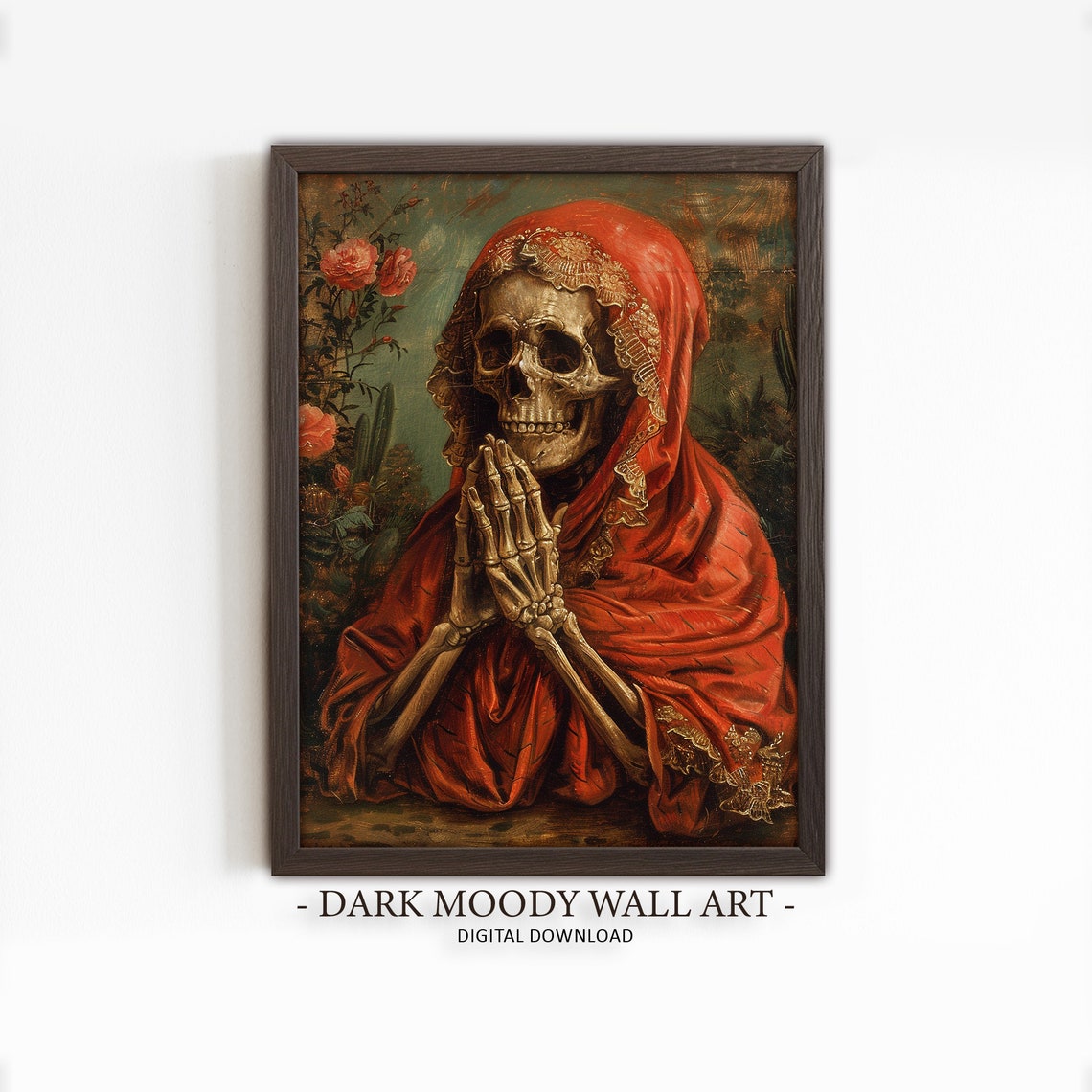 Praying Skeleton Red Shawl Roses Dia de los Muertos Art Poster