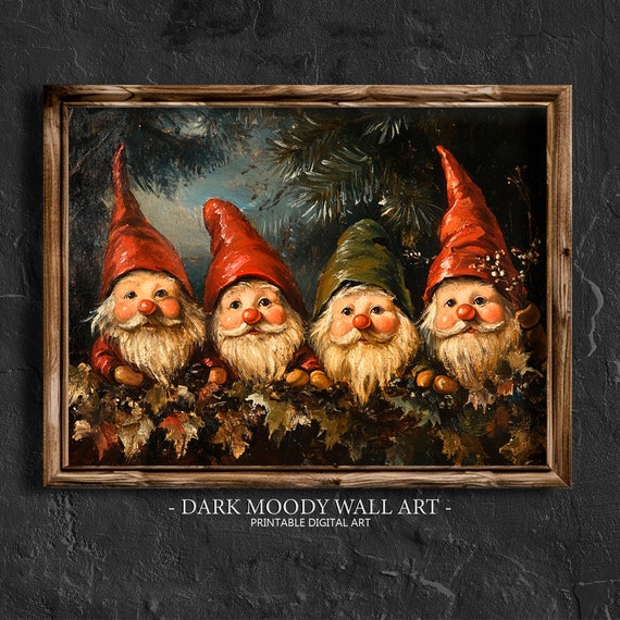 Vintage Christmas Wall Art Christmas Gnomes Print Farmhouse Christmas Home Decor Dark Moody Wall Art Rustic Cottagecore Decor