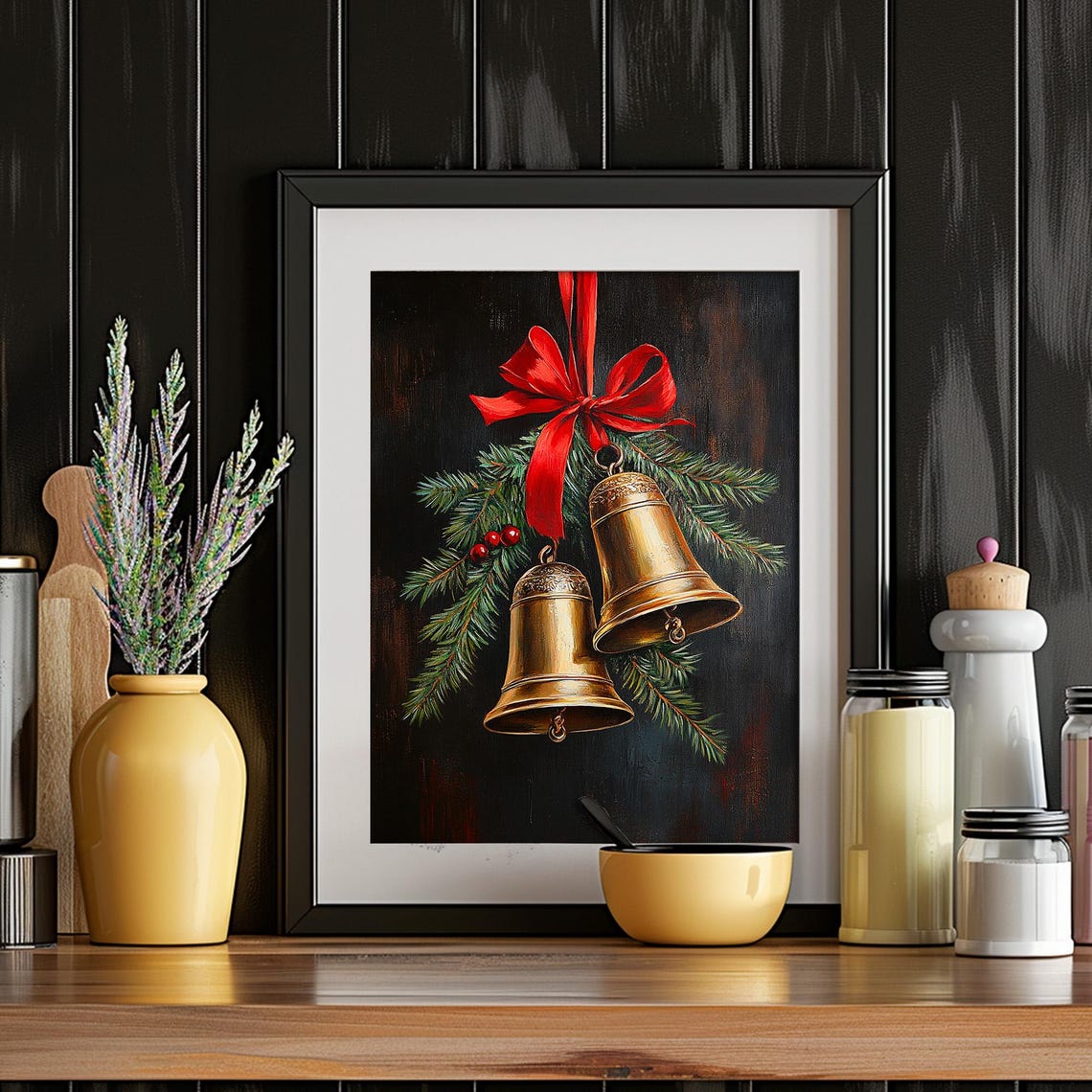 Gold Christmas Bells With Red Bow Pine Berries Dark Moody Wall Art - Image 4