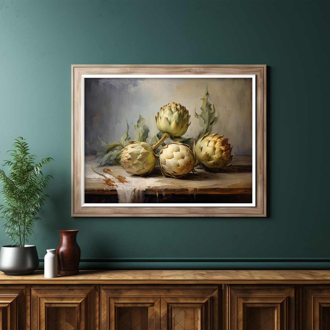 Moody Artichoke Painting, Vintage Fruit Still Life - Image 6