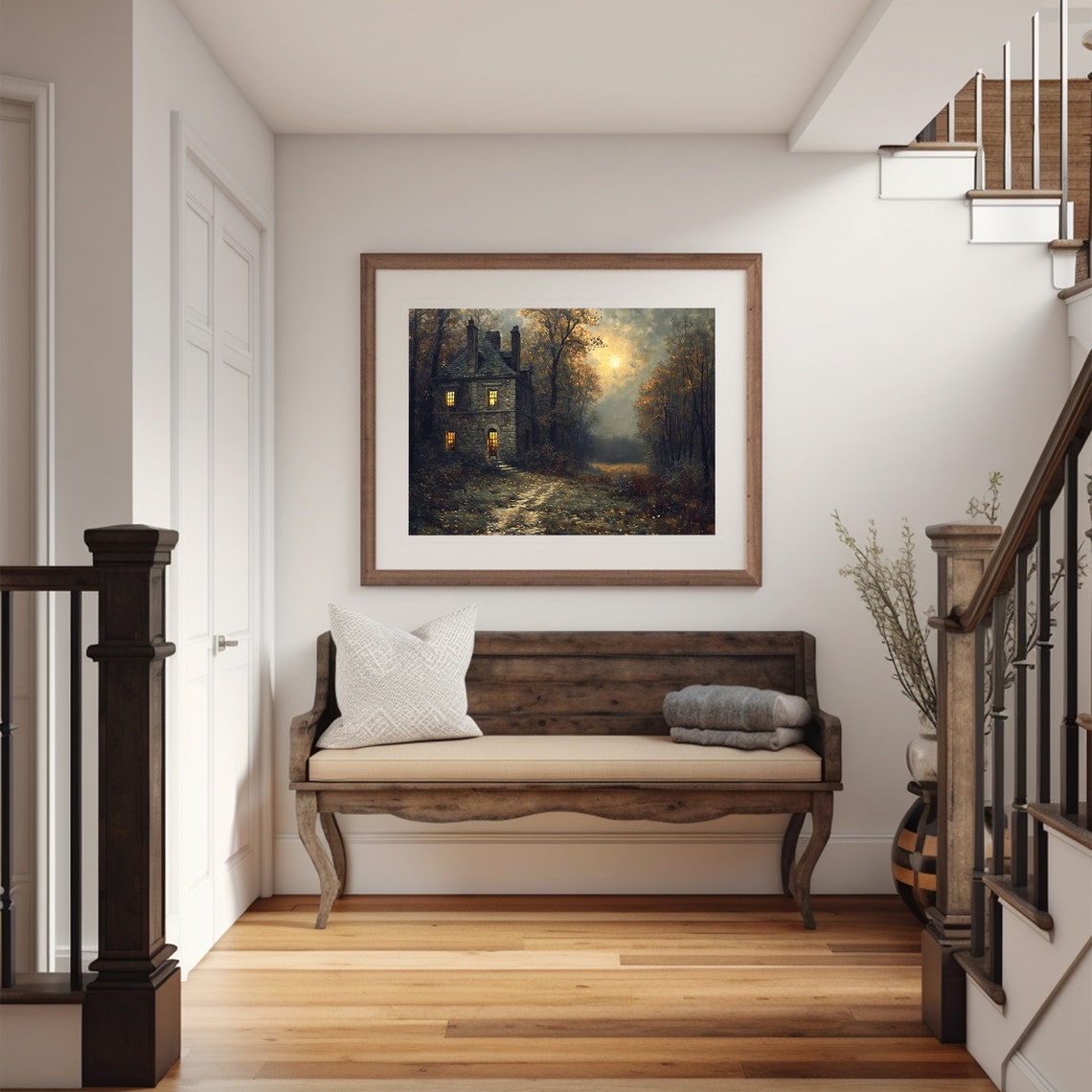 Stone Cottage with Lit Windows in an Autumn Forest at Night Art Poster - Image 2