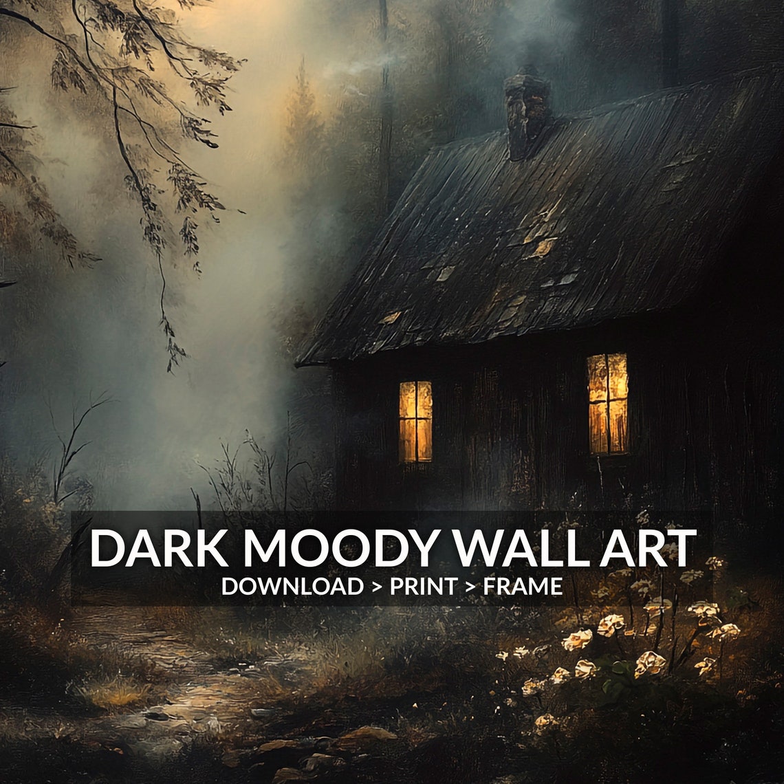 Foggy Forest Cabin Glowing Windows Mysterious Night Moody Art Poster - Image 6