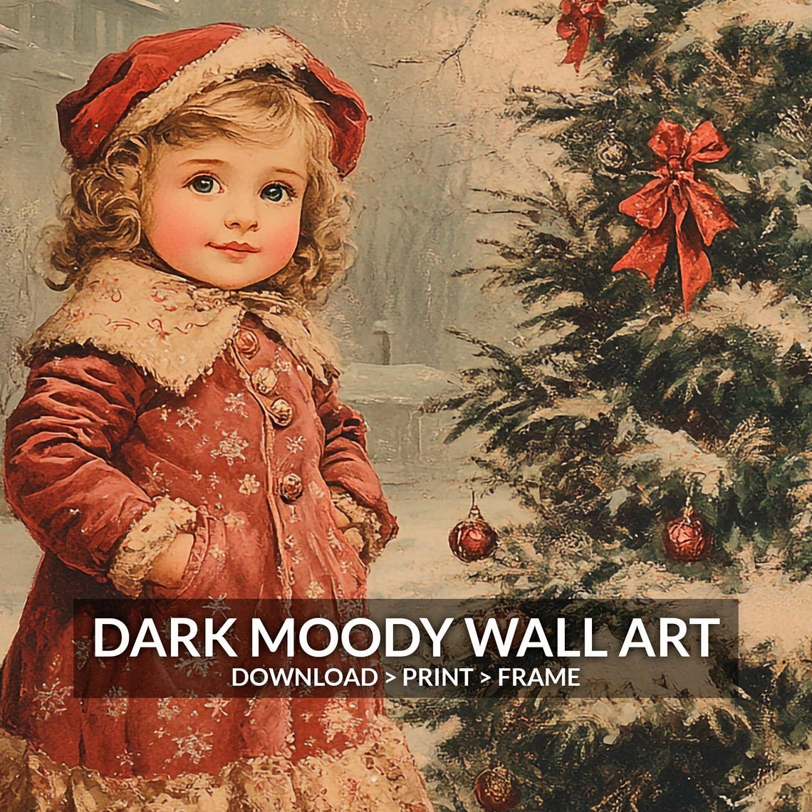Vintage Girl in Red Coat Beside Snowy Christmas Tree Wall Art - Image 6