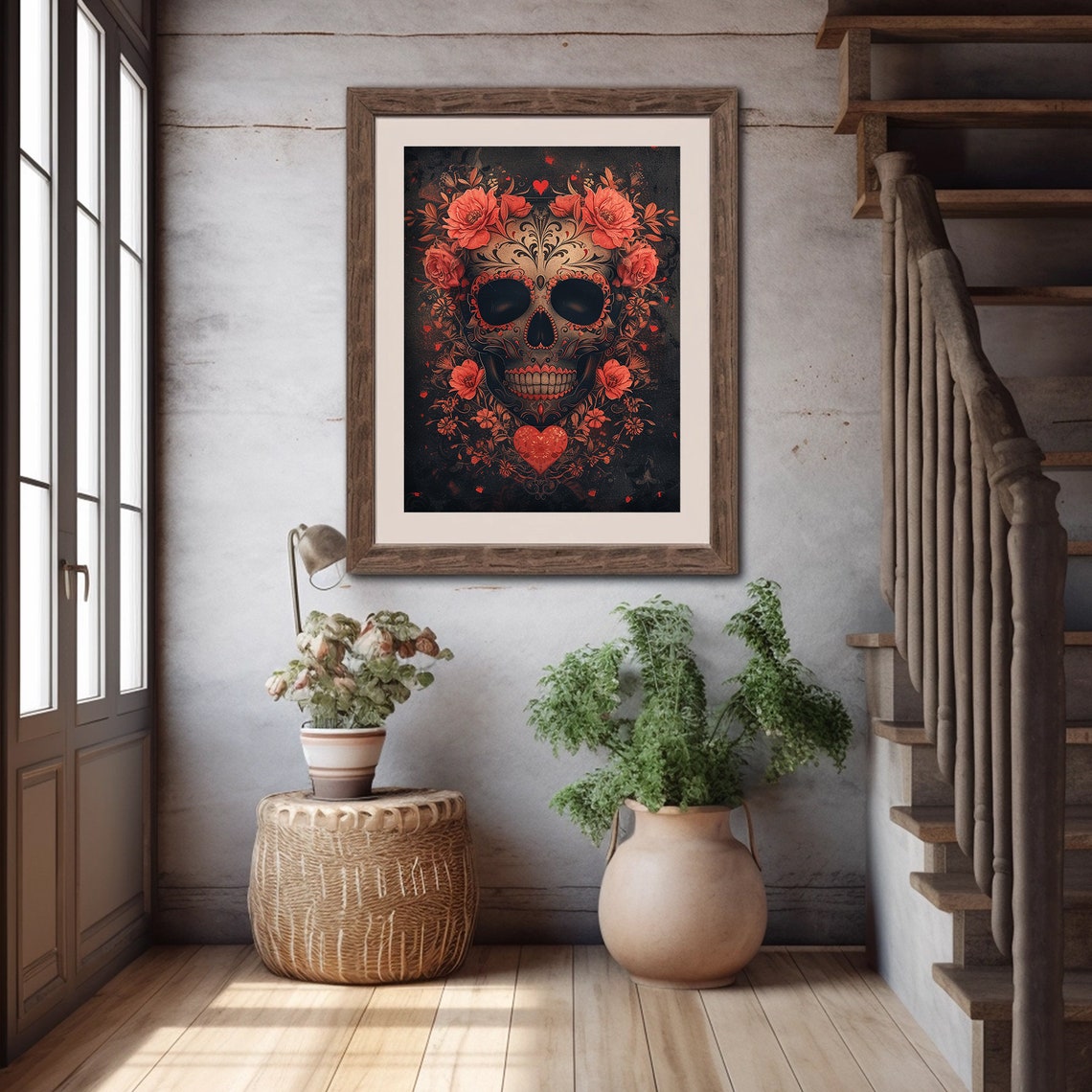 Floral Sugar Skull Dia De Los Muertos Dark Gothic Painting Poster - Image 4