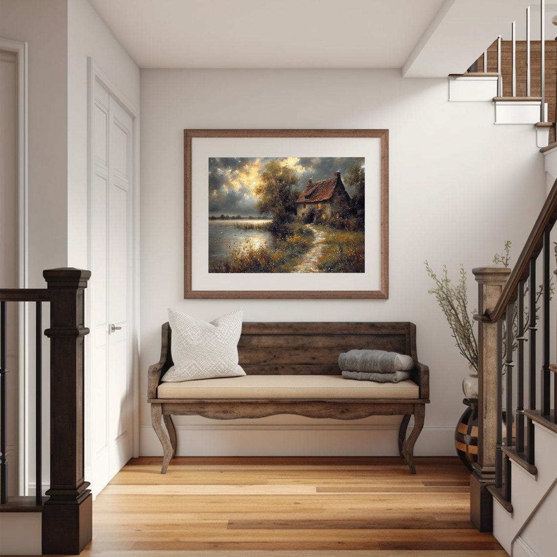 Twilight Lakeside Cottage Lit Windows Stormy Sunset Lake Poster - Image 5