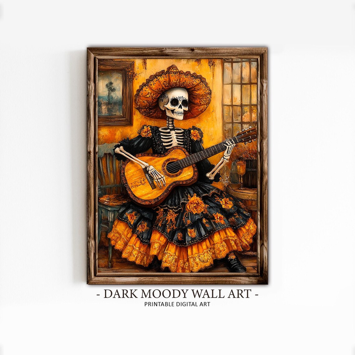 Day of the Dead Catrina Sombrero Guitar Vintage Painting Poster - Image 4