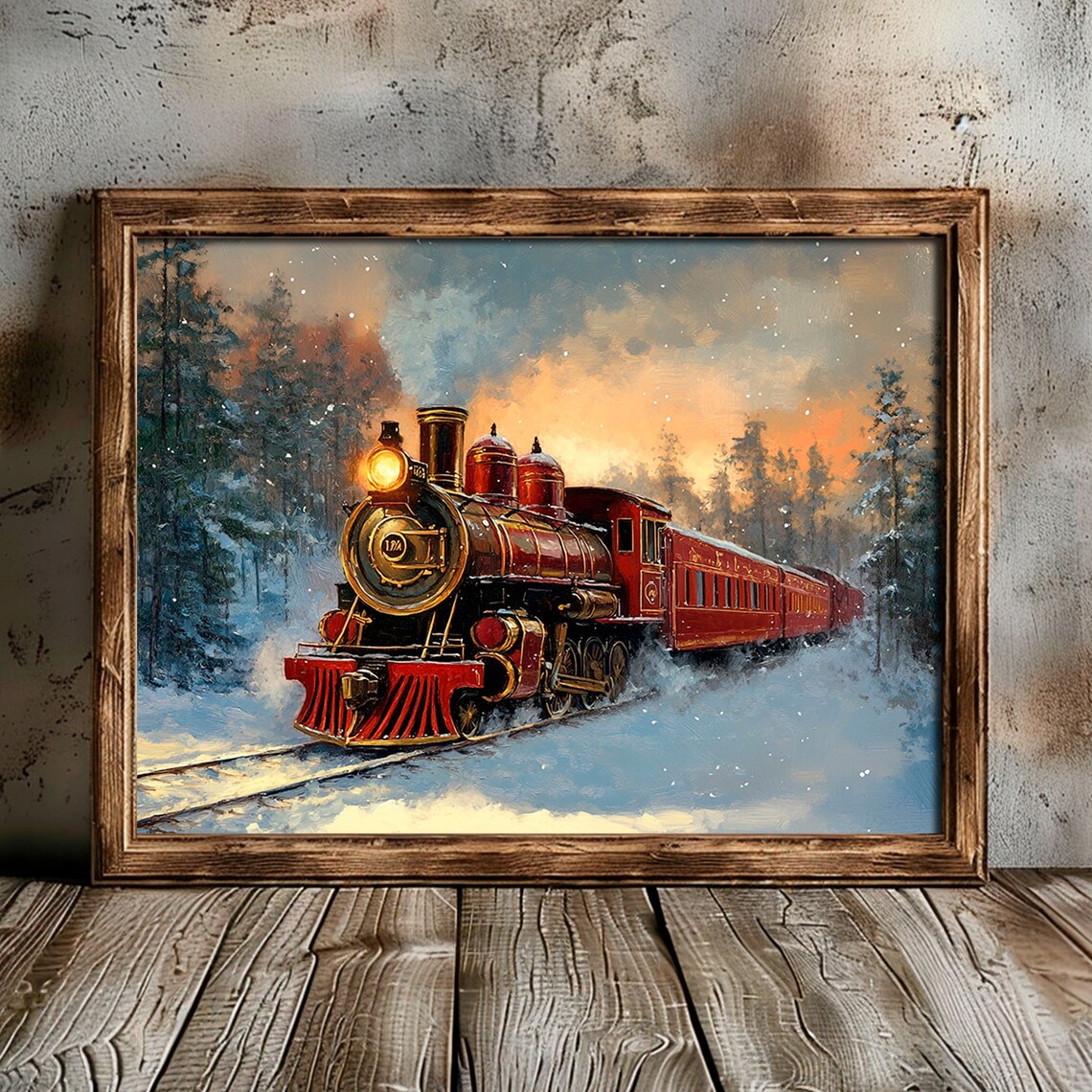 Vintage Red Steam Train Snowy Forest Sunset Scene Painting Poster - Image 4