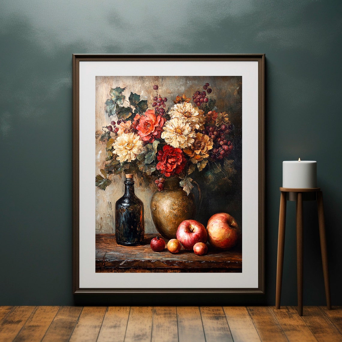 Dahlia Apple Rustic Still Life Dark Moody Kitchen Art Poster - Image 4