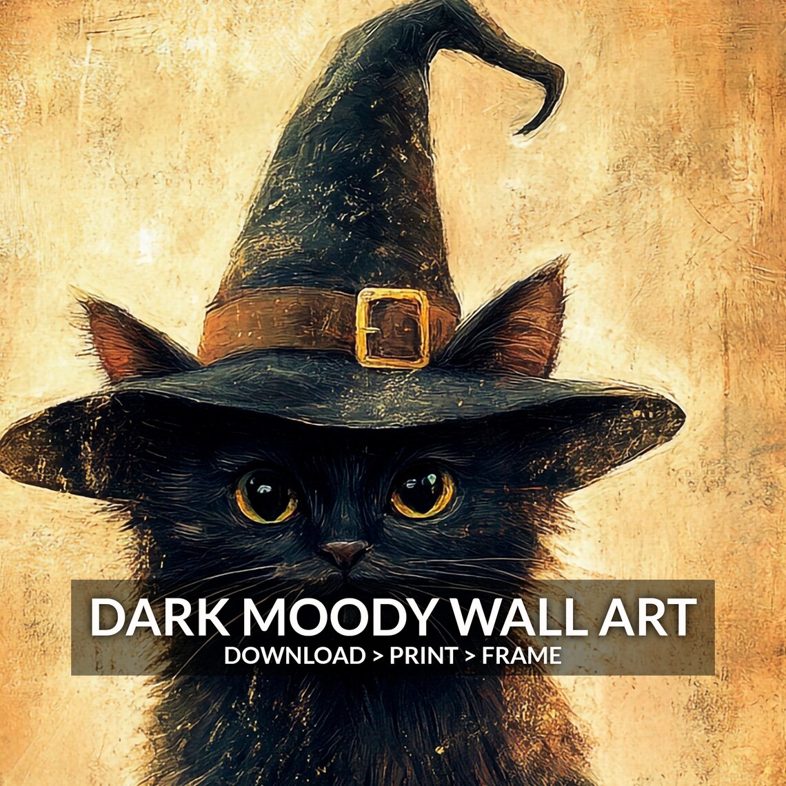 Black Cat Wearing Witch Hat Golden Vintage Painting Art Print - Image 6