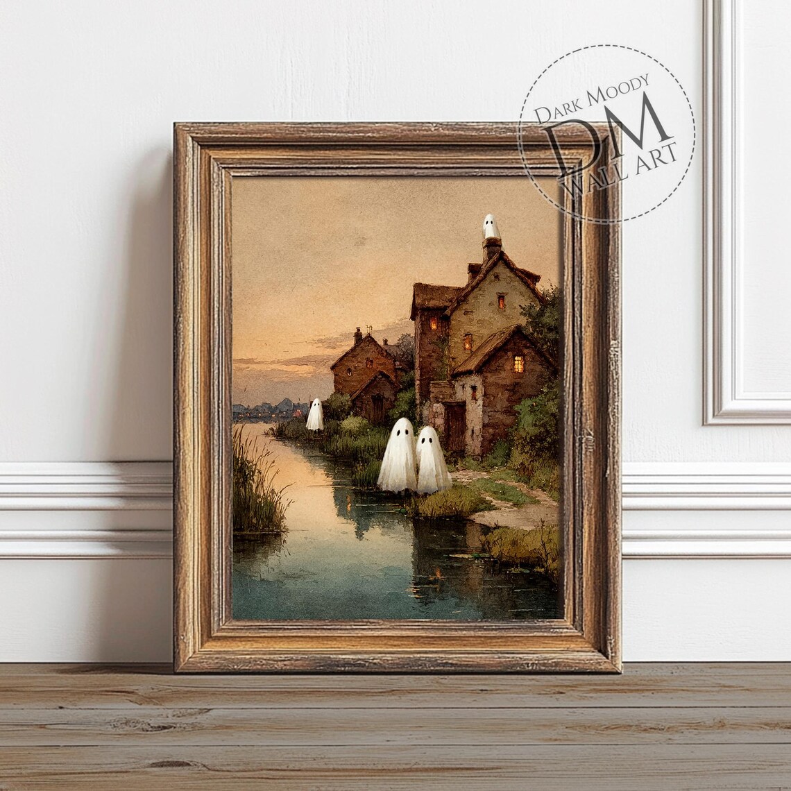 Ghosts By Rustic Village Halloween Wall Art Spooky Haunted Countryside Scene