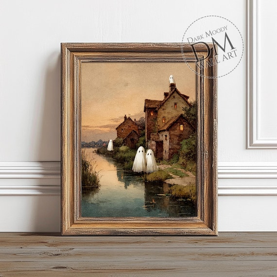 Ghosts By Rustic Village Halloween Wall Art Spooky Haunted Countryside Scene