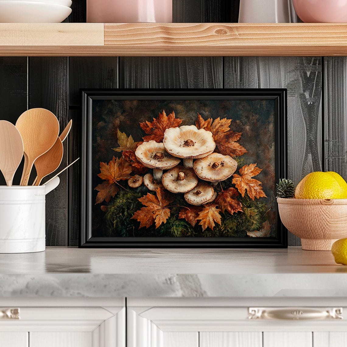 Cream Wild Mushrooms With Autumn Maple Leaves on Mossy Ground Poster - Image 4