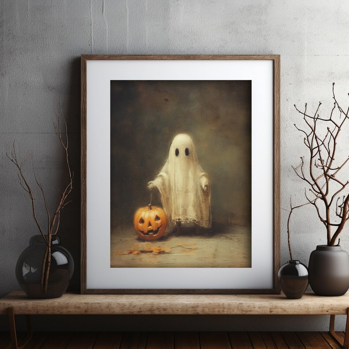 Cute Ghost With Pumpkin, Dark Halloween Art Print - Image 2