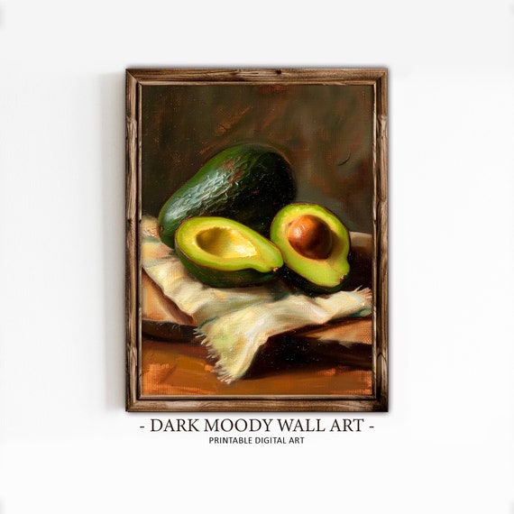 Avocado Print Moody Kitchen Wall Decor Dark Still Life Painting Rustic Farmhouse Vegetable Wall Art