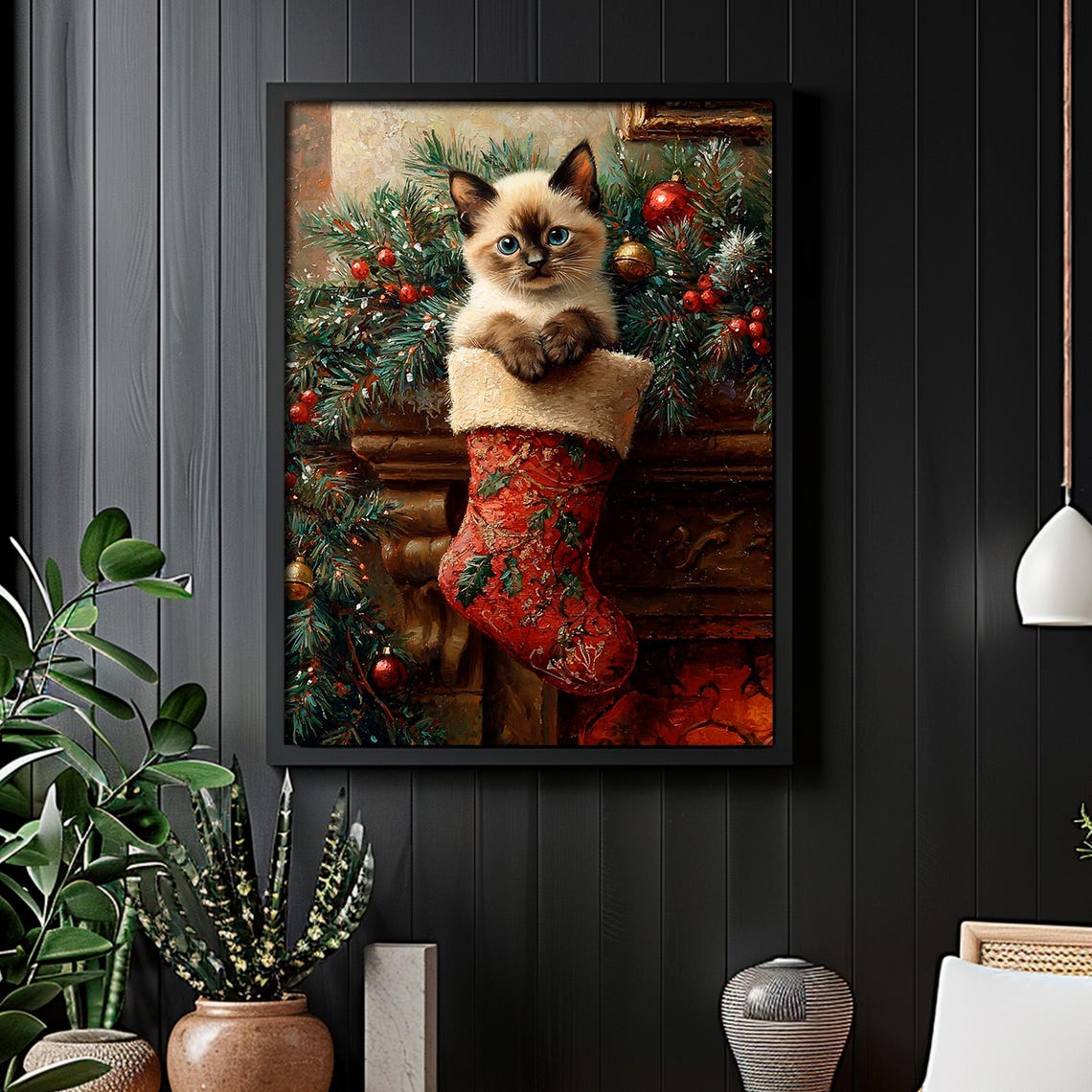Siamese Kitten in Christmas Stocking Vintage Holiday Wall Art - Image 2