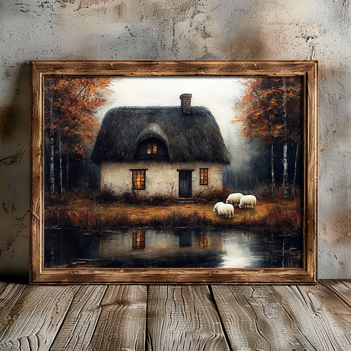Thatched Cottage Pond Reflection Sheep Autumn Countryside Art Poster - Image 2