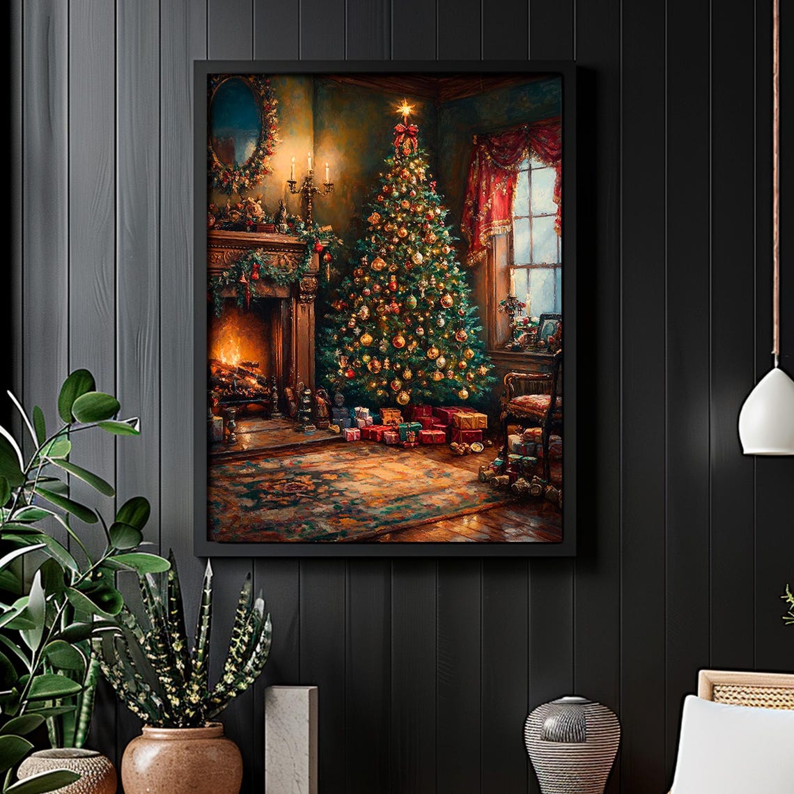 Victorian Christmas Room Tree Fireplace Wreath Red Drapes Poster - Image 6
