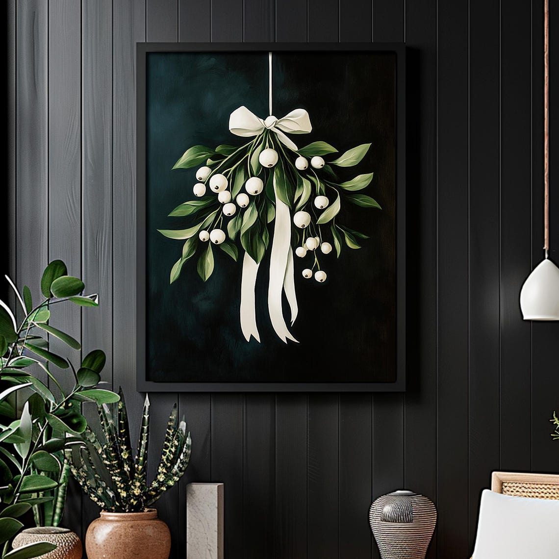 Vintage Mistletoe With White Berries And Bow Dark Botanical Wall Art - Image 2