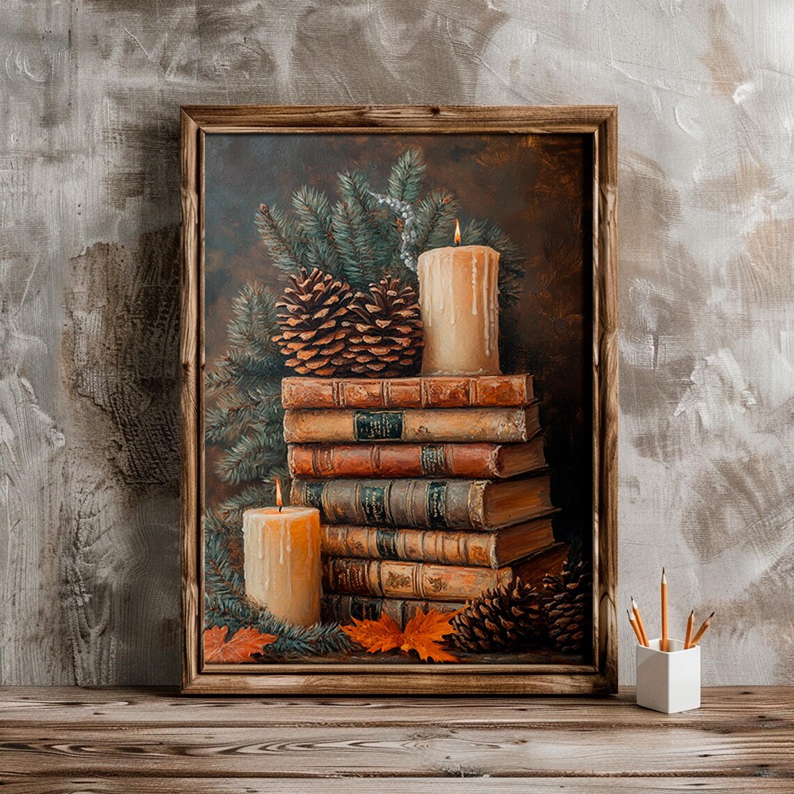 Vintage Books Candles Pine Branches Cozy Winter Still Life Poster - Image 6