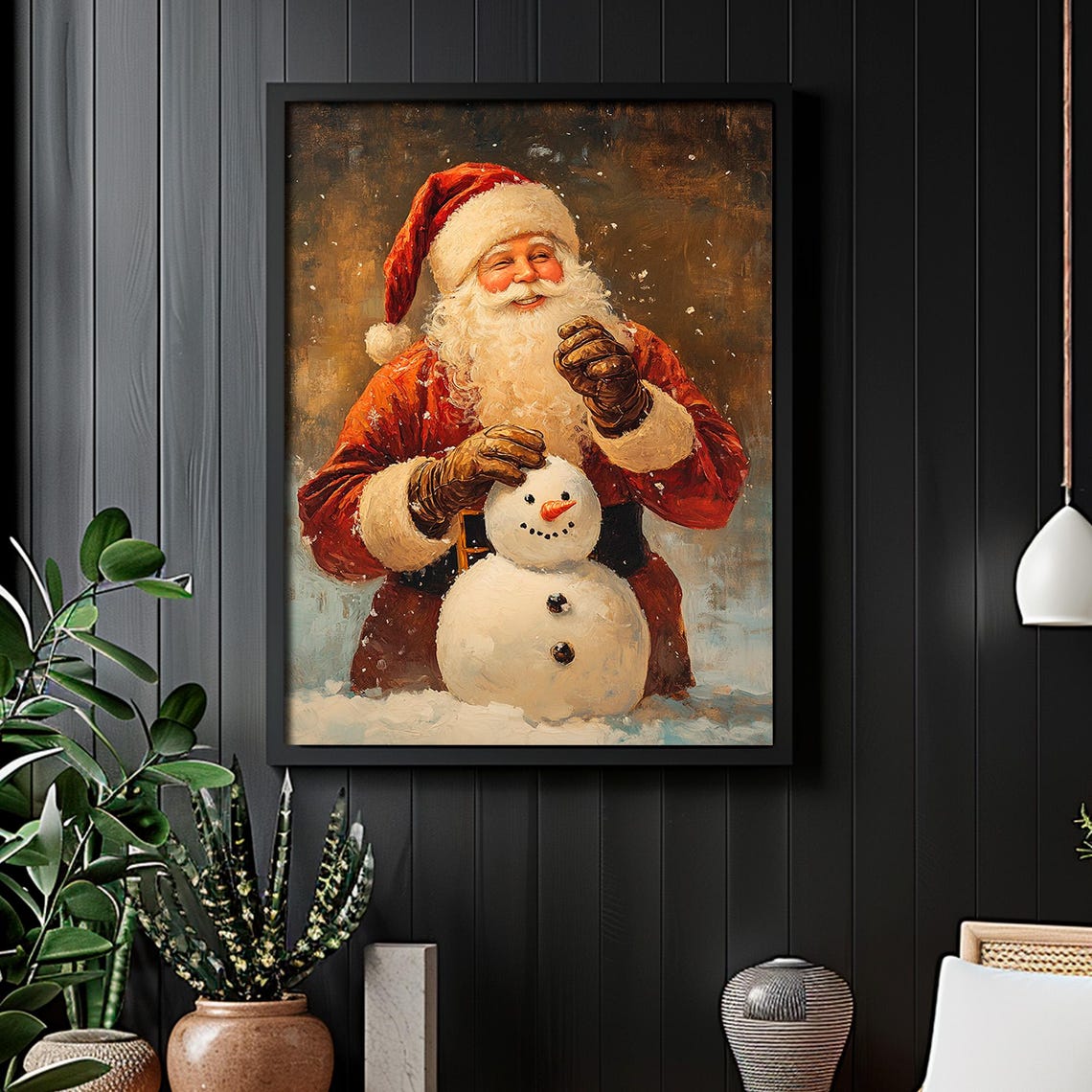 Santa Claus Building Snowman Snow Night Christmas Art Poster - Image 2