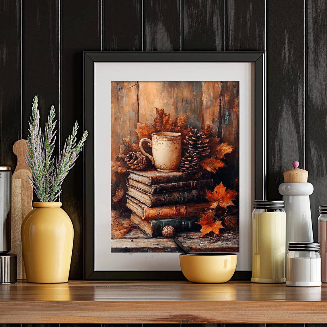 Rustic Fall Decor Wall Art Coffee Fall Book Stack Art Moody Wall Art Vintage Autumn Art Painting Dark Academia Thanksgiving Decor - Image 4