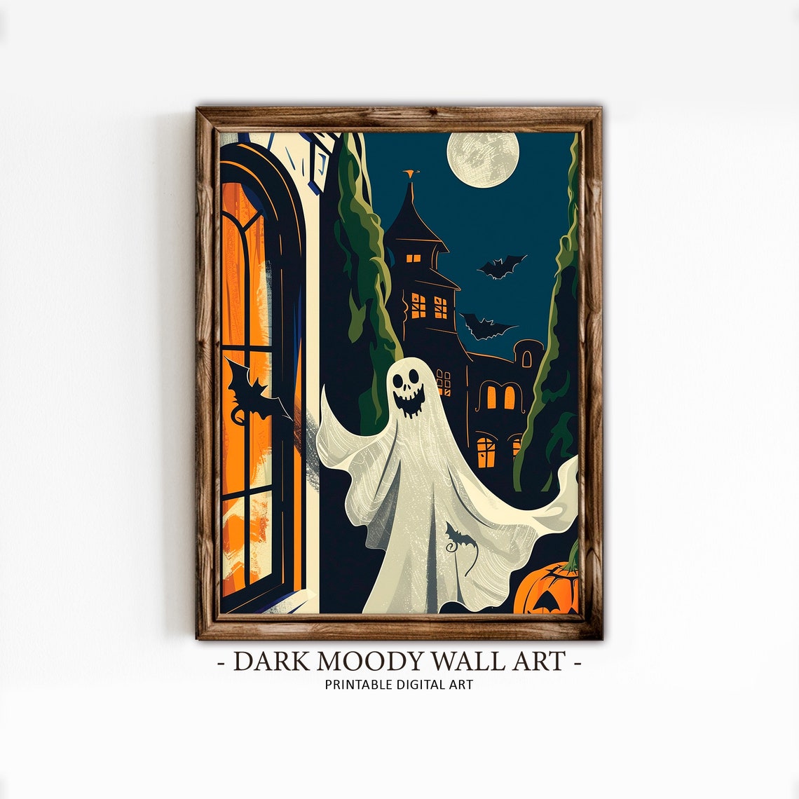 Happy Ghost Haunted House Full Moon Vintage Halloween Art Print