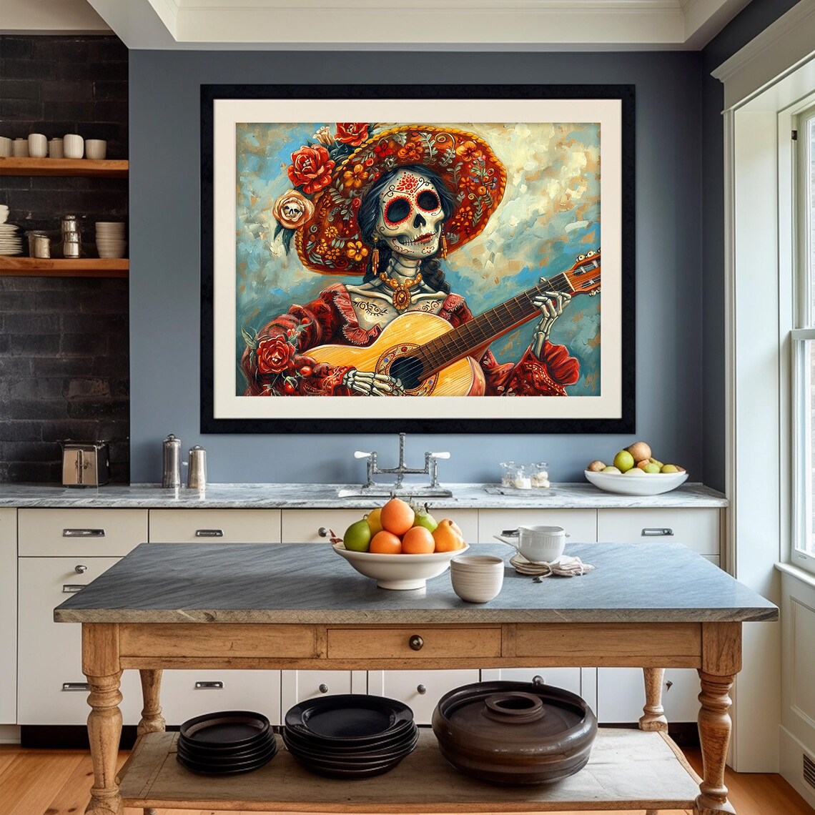 Catrina Skeleton Woman Guitar Red Dress Sombrero Folk Art Poster - Image 2