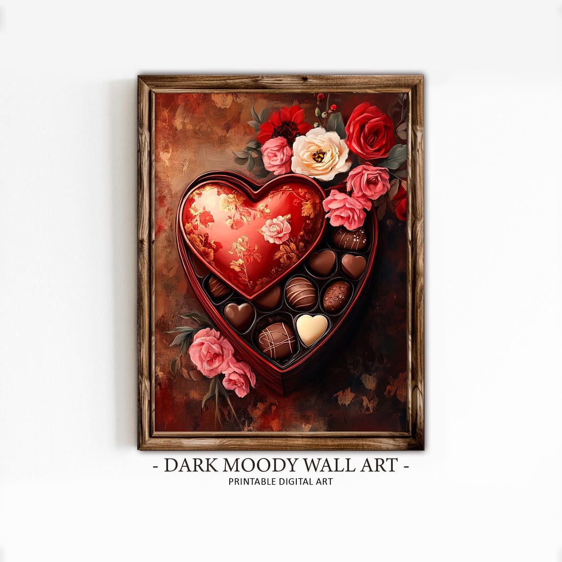 Red Heart Shaped Tin Of Chocolates Among Roses Valentines Day Wall Art - Image 5
