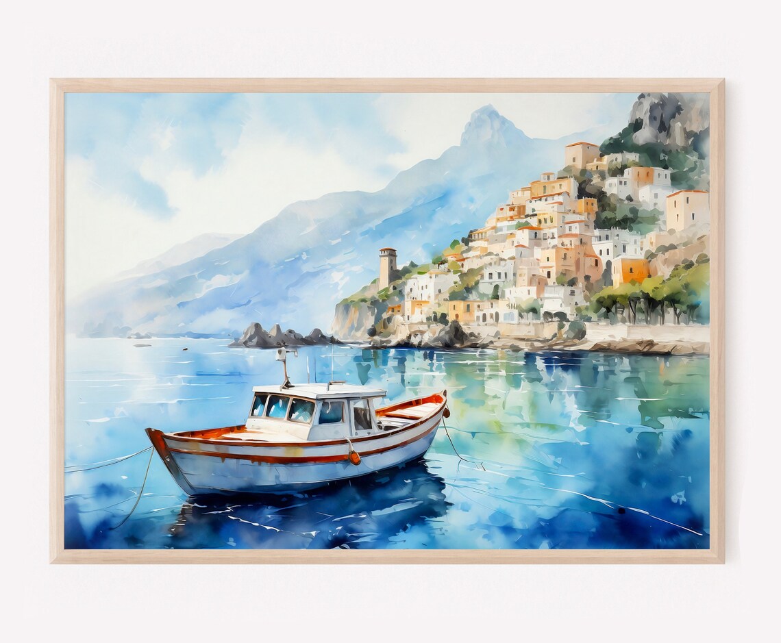 Mediterranean Coastal Town Fishing Boat Watercolor Seaside Wall Art