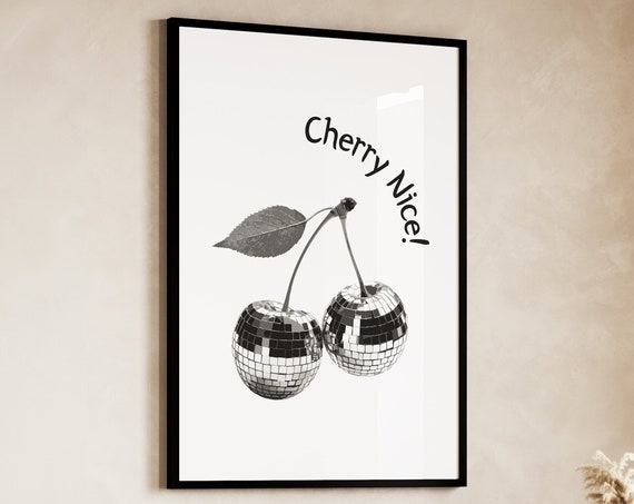 Black And White Cherry Poster Cherry Disco Ball Poster Minimalist Coquette Cherries Aesthetic Cherries Disco Ball Decor Retro Wall Art